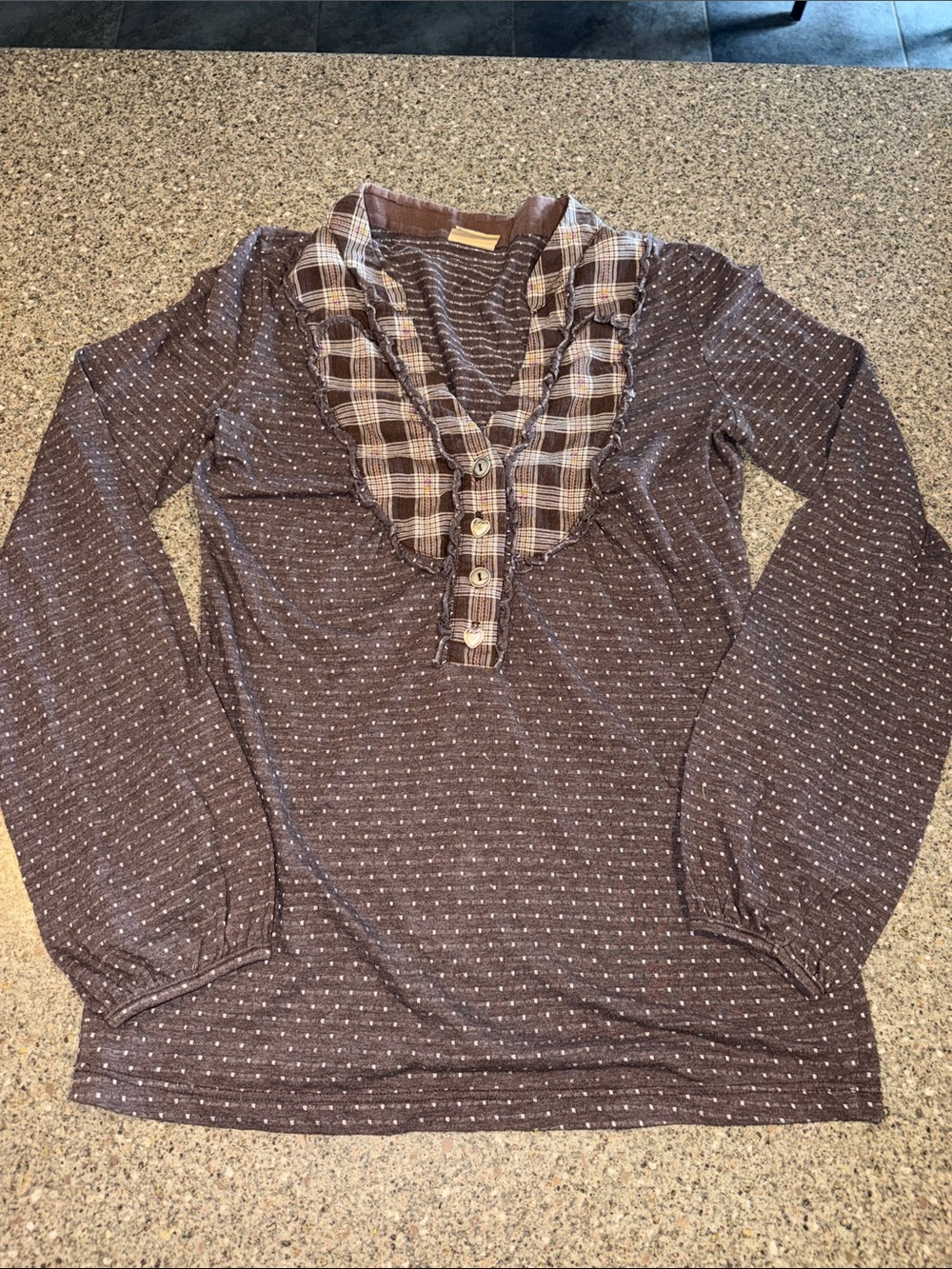 Daytrip Y2k Brown Long-Sleeve Ruffle Plaid Placket Top